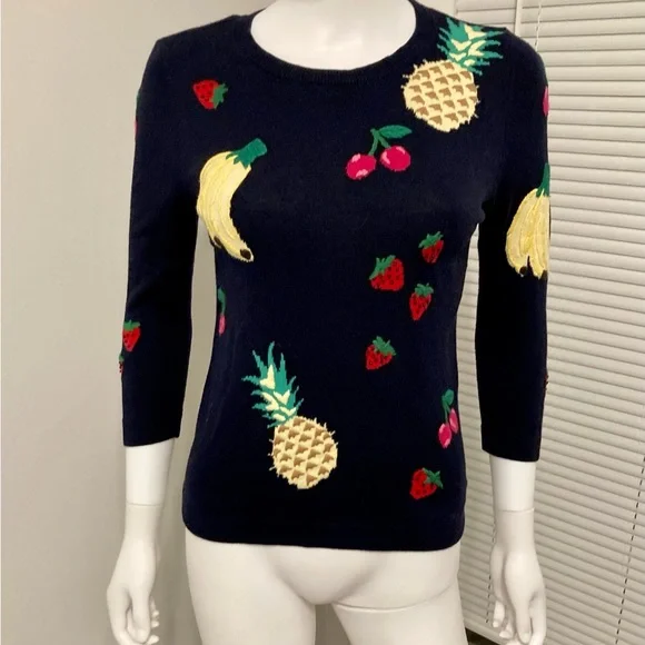 Talbots Sweater Fruit Print Embellished 3/4 Sleeves Navy Cotton Blend Size- XS - Picture 4 of 12